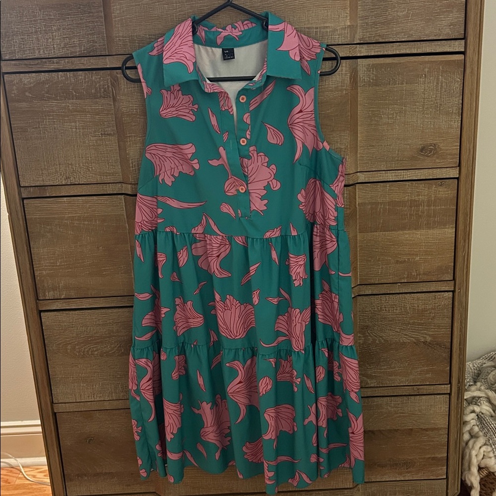 Green Sleeveless Tiered Dress with Pink Floral Print